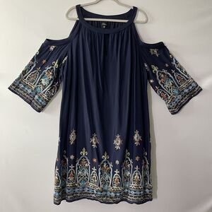 Chaya Cold Shoulder Embroidered Shift Midi Dress Navy 3/4 Sleeve Size 20W
